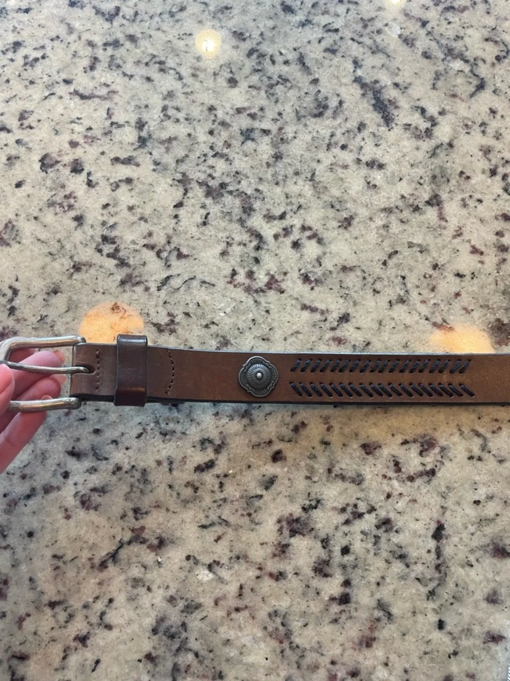 Brown Leather Belt with Green/blue Stitching and Decorative Conchos 32 - Picture 2 of 9